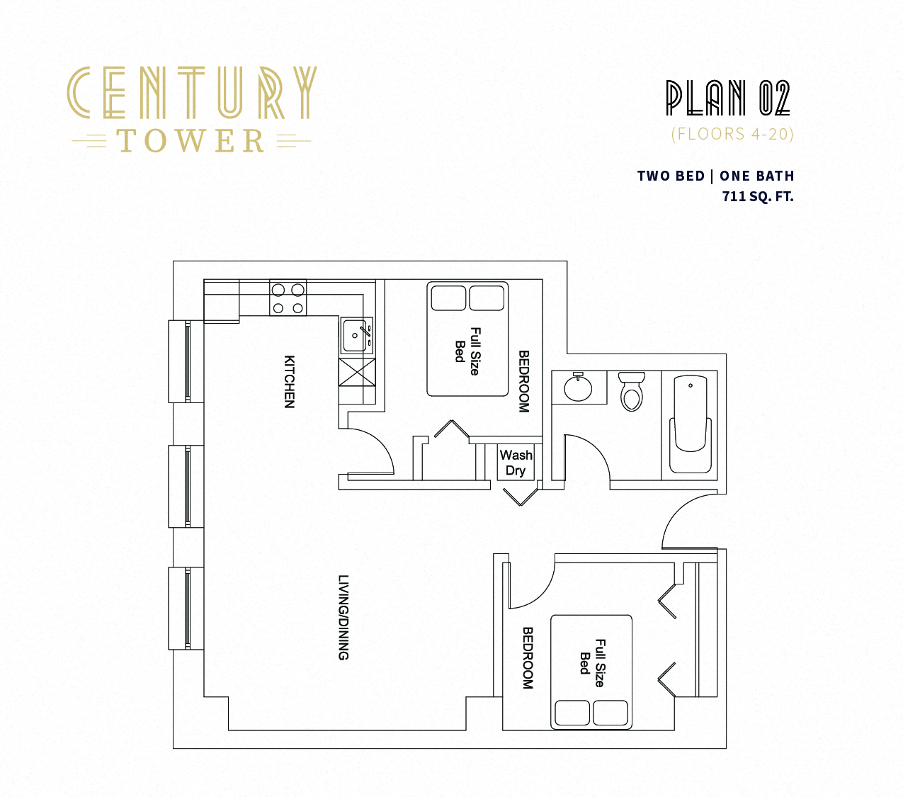 Floor plan for 2 beds, 1 bath, 711 sqft